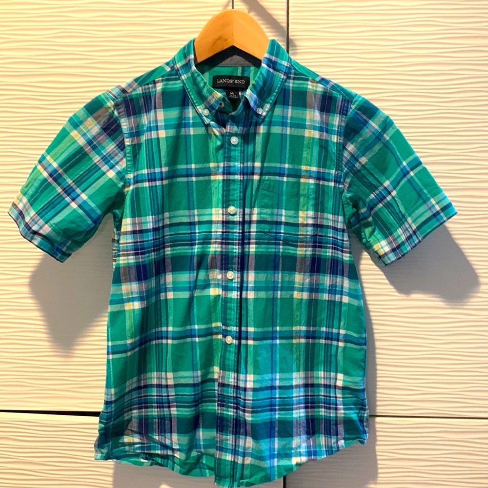 Lands end short sleeve blue/green button down  top -M (10/12)